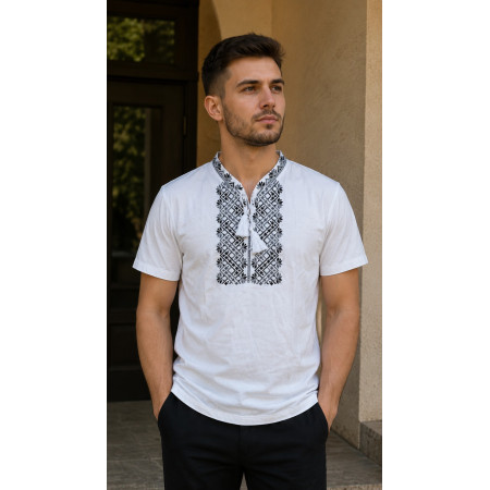 Футболка вышиванка мужская молочного цвета с серым орнаментом в больших размерах 5XL-9XL